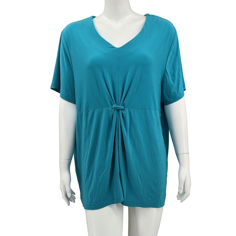 Salon Studio Top Womens 2X Turquoise Short Sleeve Stretch V-Neck‎ Office Mature